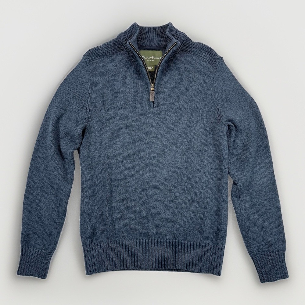 Eddie Bauer Mens Small Navy 100% Cotton Quarter Zip Pullover Sweater Preppy Cozy